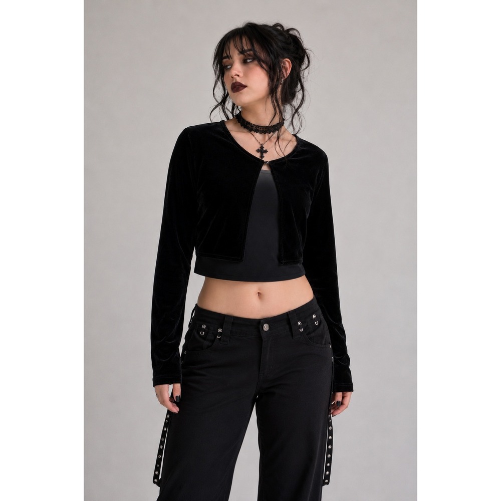 90s Black Velour Cropped Shrug Cardigan Medium Goth Grunge Evening